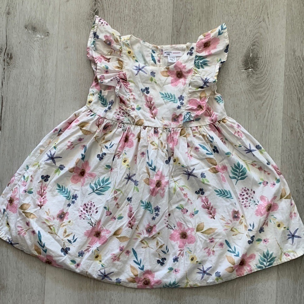 Minoti Baby Girls Floral Ruffle Flutter Sleeve Dress White‎ Pink 18-24 Months